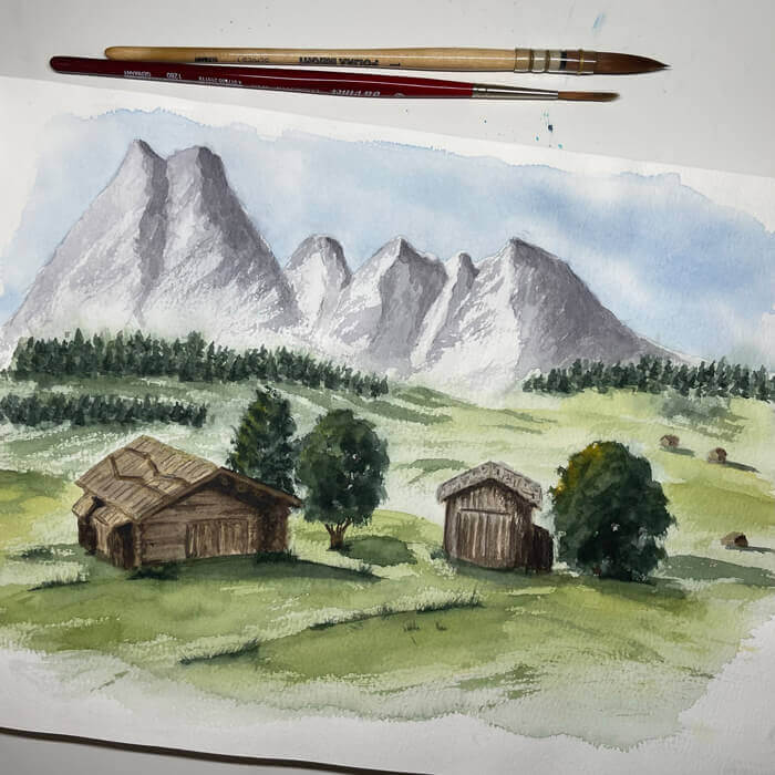 Alpenwiese mit Schuppen in Aquarell