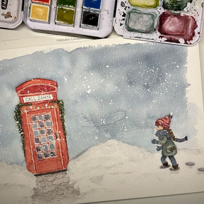 Aquarellbild mit Telefonzelle und Mädchen