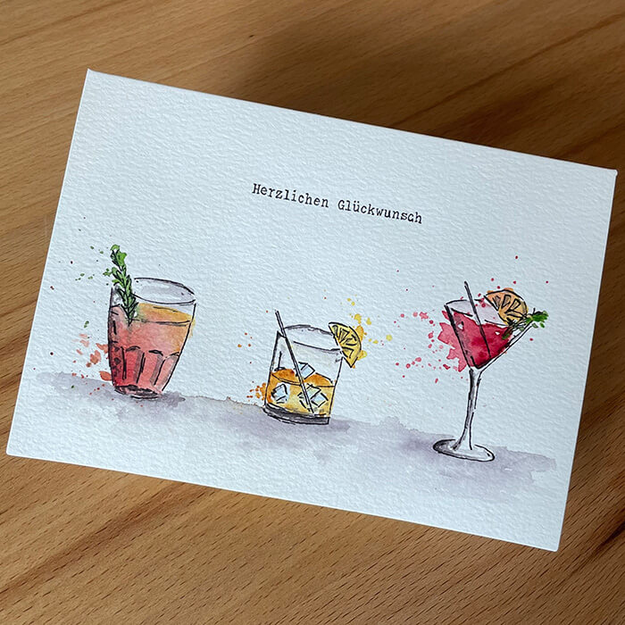 Geburtstagskarte mit illustrierten Cocktails