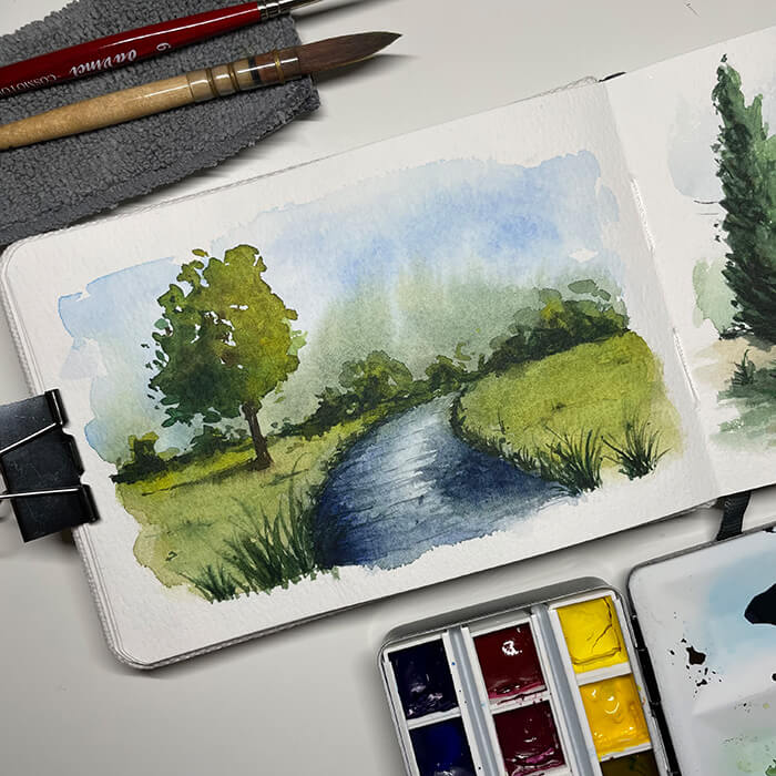 Aquarell einer Landschaft mit Fluss